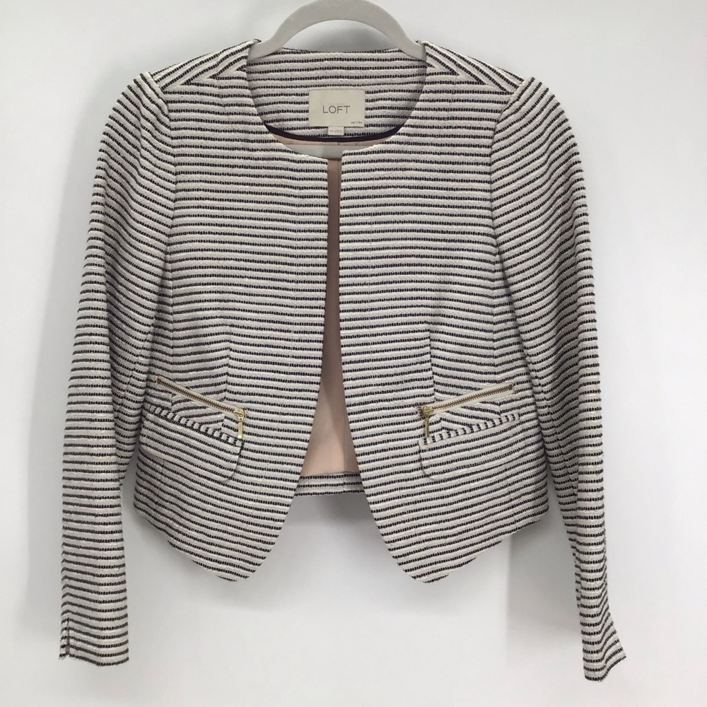 Loft Striped Suit Jacket Blazer Open Front Lightweight Black/Creme Size 4 Petite